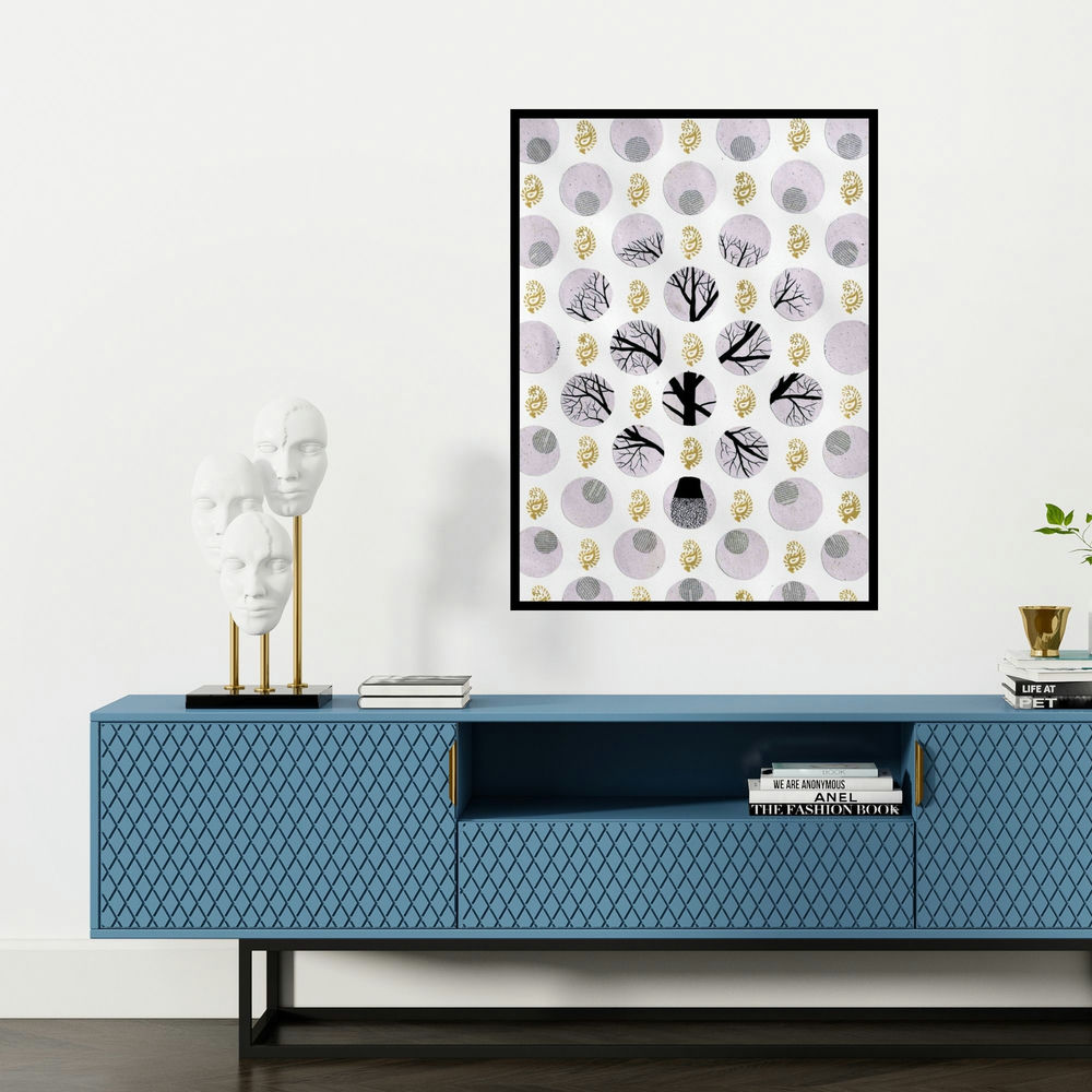 'Adhoor Vriksh (Cycles of Life)' painting by Sumit Mehndiratta shown on a wall in a furnished room.