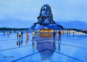Adiyogi (Adiyogi's Grace) by Ramesh Jhawar, Original Watercolor Religious Painting on Paper, Small Horizontal Wall Art