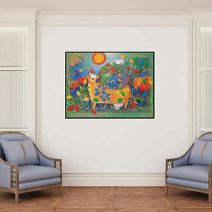 'Adorable Mother Earth 2 (Harmony in Nature)' painting by Chandana Bhattacharjee shown on a wall in a furnished room.