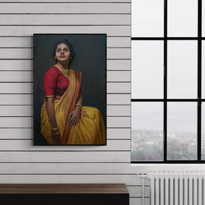 Preview of 'Adoring The Beauty' Painting by Mahesh Soundatte shown on a wall in a furnished room.