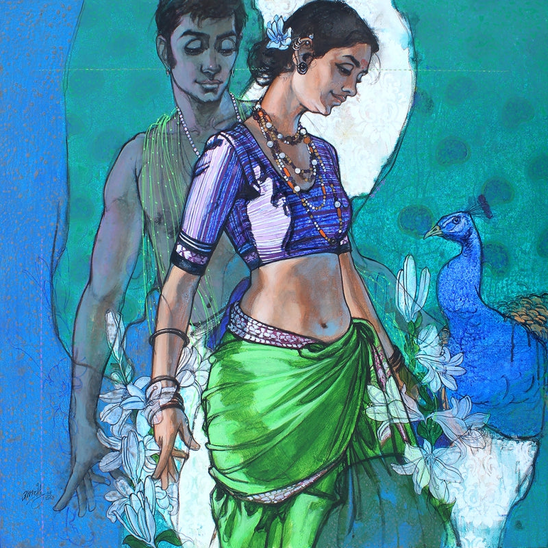 'Adorned By Memory' figurative acrylic painting by artist Ramchandra Kharatmal, 30x30 inch, on canvas