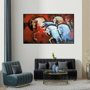 Ashis Mondal's 'The Aesthetic Of Energy 11 (A Dynamic Ensemble)' painting visualized above a sofa in a contemporary room.