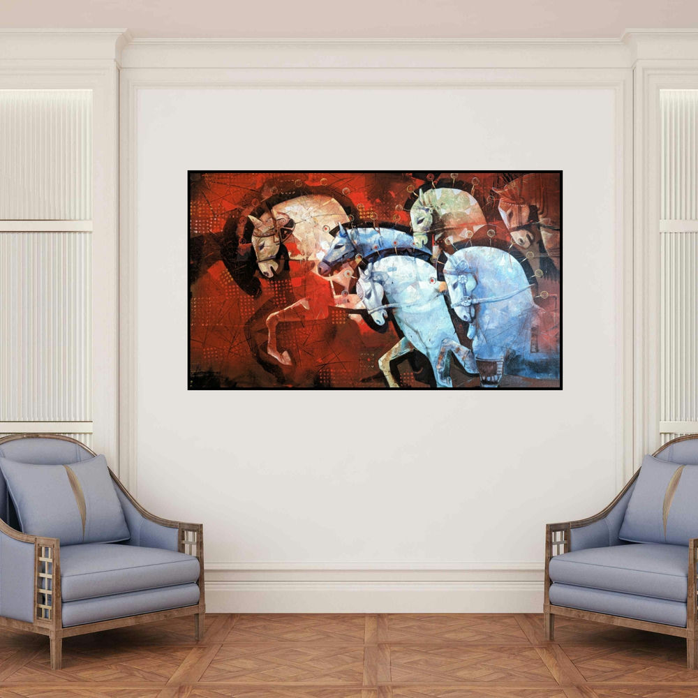 'The Aesthetic Of Energy 11 (A Dynamic Ensemble)' painting by Ashis Mondal shown on a wall in a furnished room.
