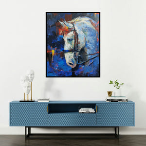 Ashis Mondal's 'The Aesthetic Of Energy 17 (Noble Steed)' painting visualized above a sofa in a contemporary room.