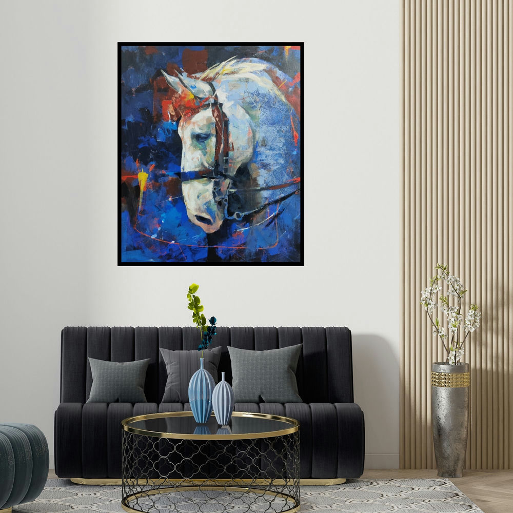 'The Aesthetic Of Energy 17 (Noble Steed)' painting by Ashis Mondal shown on a wall in a furnished room.