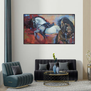 Ashis Mondal's 'The Aesthetic Of Energy 4 (The Duel)' painting visualized above a sofa in a contemporary room.