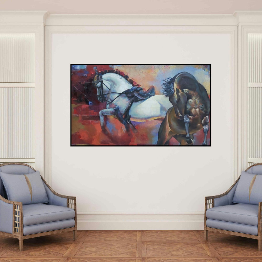 'The Aesthetic Of Energy 4 (The Duel)' painting by Ashis Mondal shown on a wall in a furnished room.