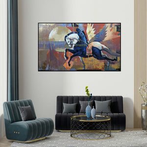 Ashis Mondal's 'The Aesthetics Of Energy Bcv (Winged Rider)' painting visualized above a sofa in a contemporary room.