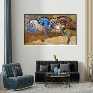 Ashis Mondal's 'The Aesthetics Of Energy Bcviii (Galloping Grace)' painting visualized above a sofa in a contemporary room.