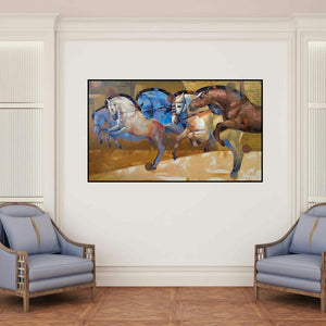 'The Aesthetics Of Energy Bcviii (Galloping Grace)' painting by Ashis Mondal shown on a wall in a furnished room.