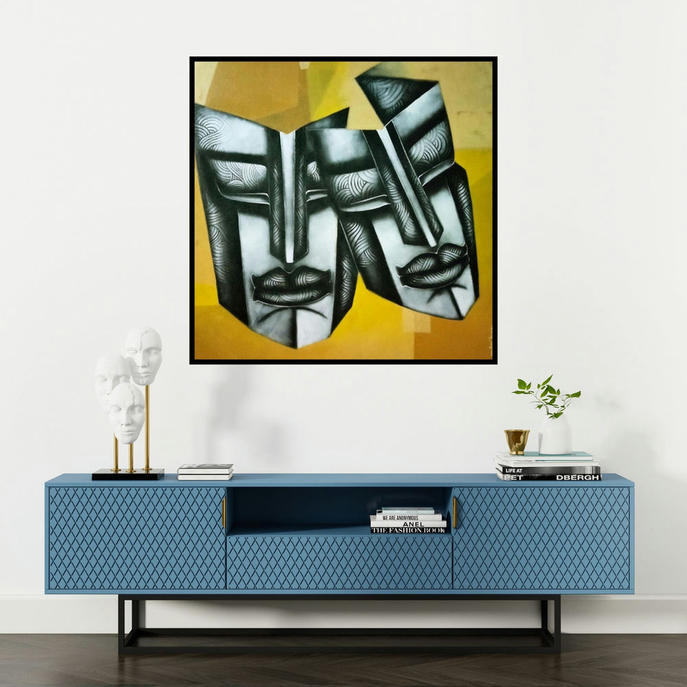 'Affair 2 (Shifting Identities)' painting by Samir Chanda shown on a wall in a furnished room.