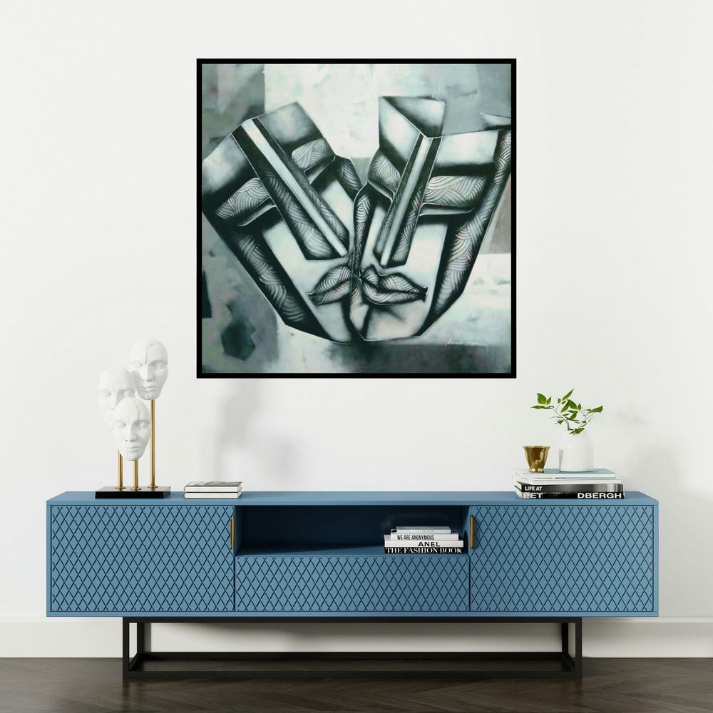 'Affair (The Dance of Connection)' painting by Samir Chanda shown on a wall in a furnished room.
