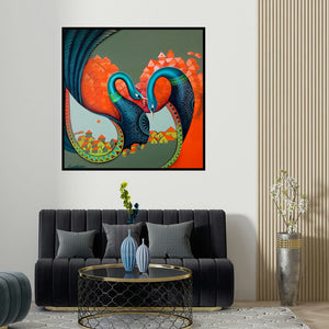 Sanjay Tandekar's 'Affection 12 (Loving Embrace)' painting visualized above a sofa in a contemporary room.