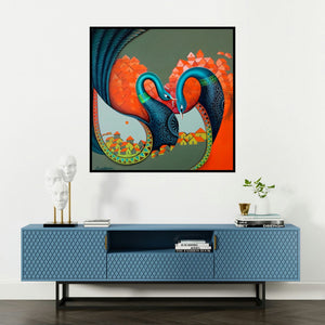 'Affection 12 (Loving Embrace)' painting by Sanjay Tandekar shown on a wall in a furnished room.