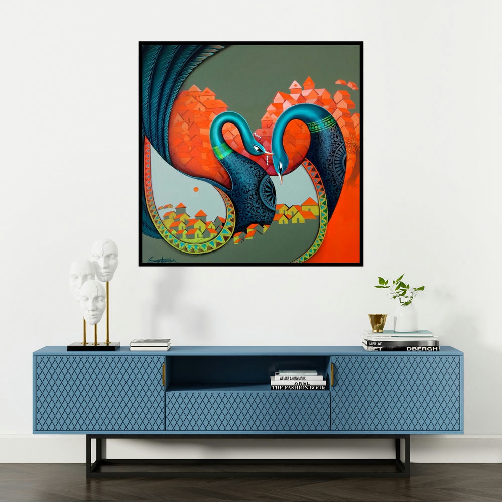 'Affection 12 (Loving Embrace)' painting by Sanjay Tandekar shown on a wall in a furnished room.