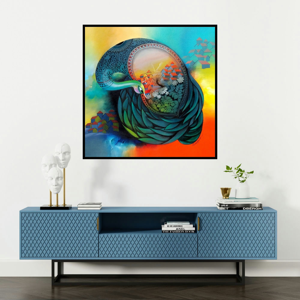 'Affection 13 (Nature's Embrace)' painting by Sanjay Tandekar shown on a wall in a furnished room.