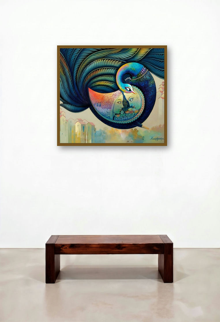 Affection 16 (Peacock and Couple) by artist Sanjay Tandekar displayed in a Classic Home Office