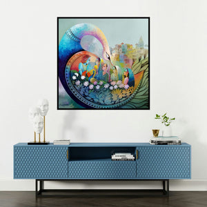 'Affection 18 (Krishna and the Gopis)' painting by Sanjay Tandekar shown on a wall in a furnished room.