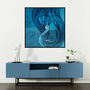 'Affection 19 (Family within the Peacock)' painting by Sanjay Tandekar shown on a wall in a furnished room.