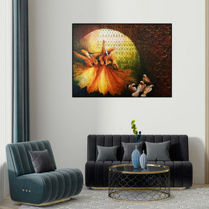 Radhika Seksaria's 'Aftab (The Dance of Ecstasy)' painting visualized above a sofa in a contemporary room.