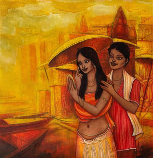 After Bath by Aniruddha Sarker, Original Acrylic Figurative Painting on Canvas, Medium Square Wall Art