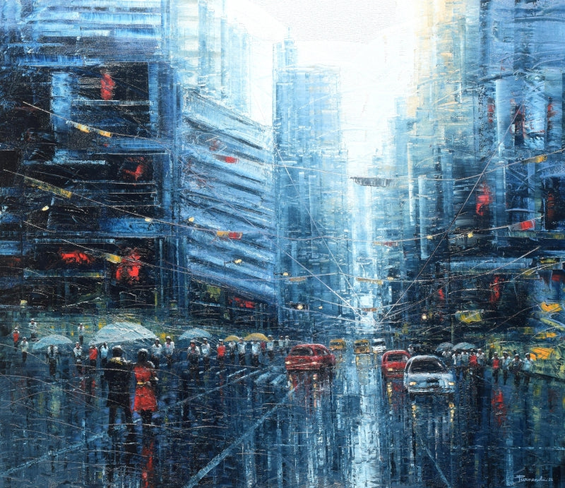 'After The Rain The City Breathes' cityscape oil painting by artist Purnendu Mandal, 36x42 inch, on canvas