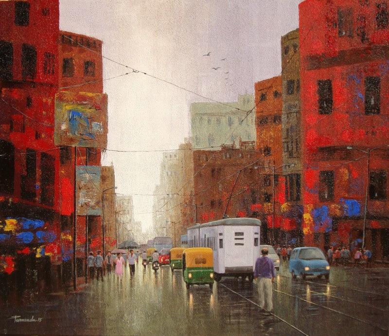 Cityscape acrylic painting titled 'After Rain In Kolkata', 36x42 inches, by artist Purnendu Mandal on Canvas