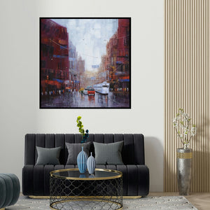 Purnendu Mandal's 'After Rain In Kolkata (Tram Ride in the Rain)' painting visualized above a sofa in a contemporary room.