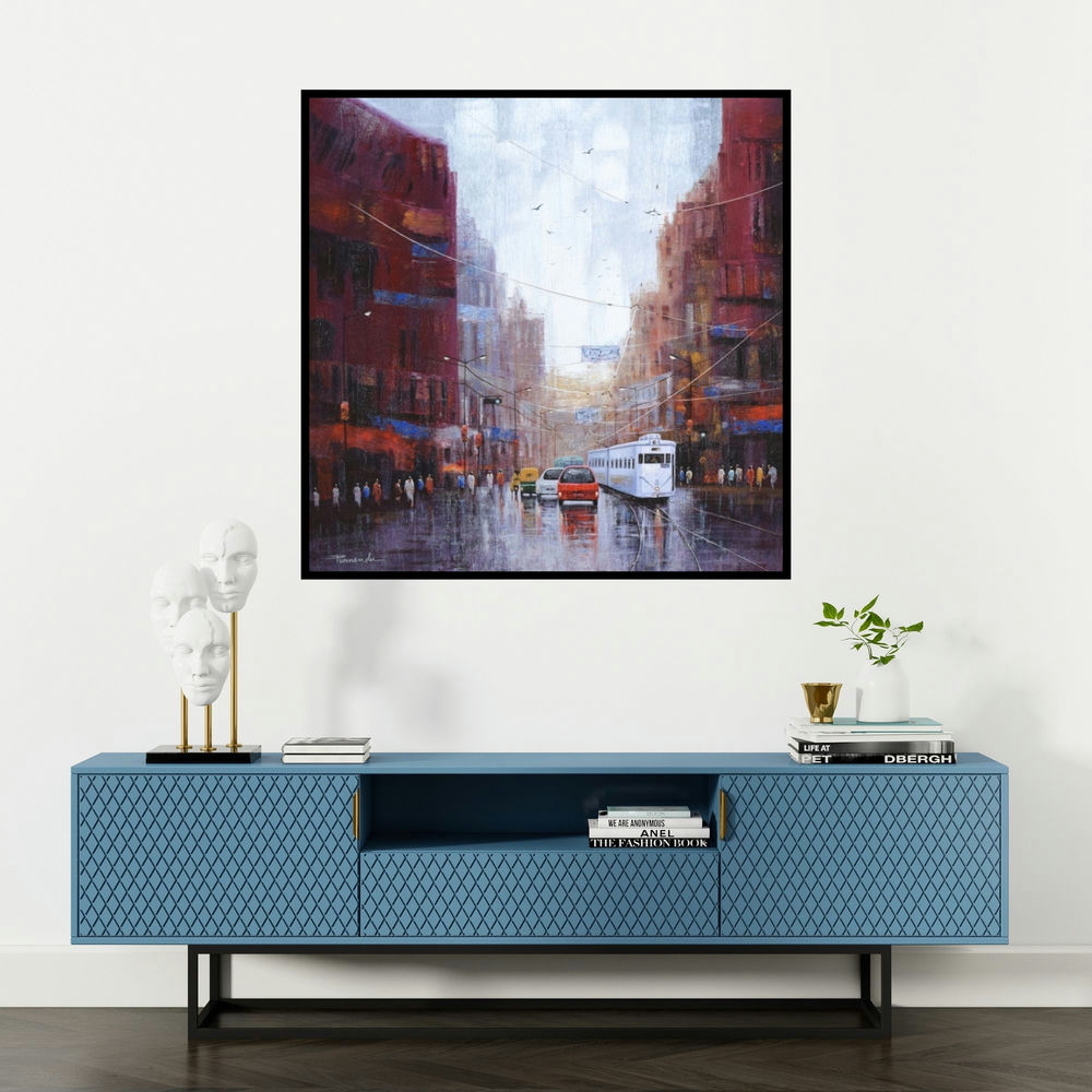 'After Rain In Kolkata 2 (A Rainy Day in Kolkata)' painting by Purnendu Mandal shown on a wall in a furnished room.