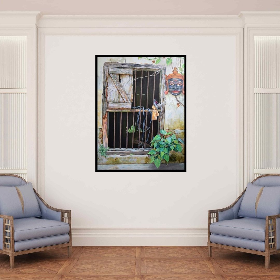 In-situ view of Shyamsundar Achary's 'After Retairment (Whispers of the Past)' painting in a room