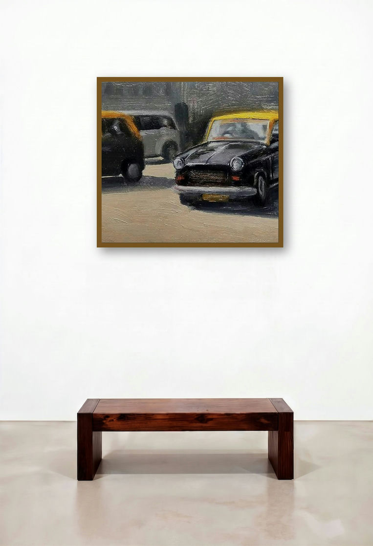 Afternoon (Cityscape Chaos) by artist Uday Farat displayed in a Mid-Century Modern Library