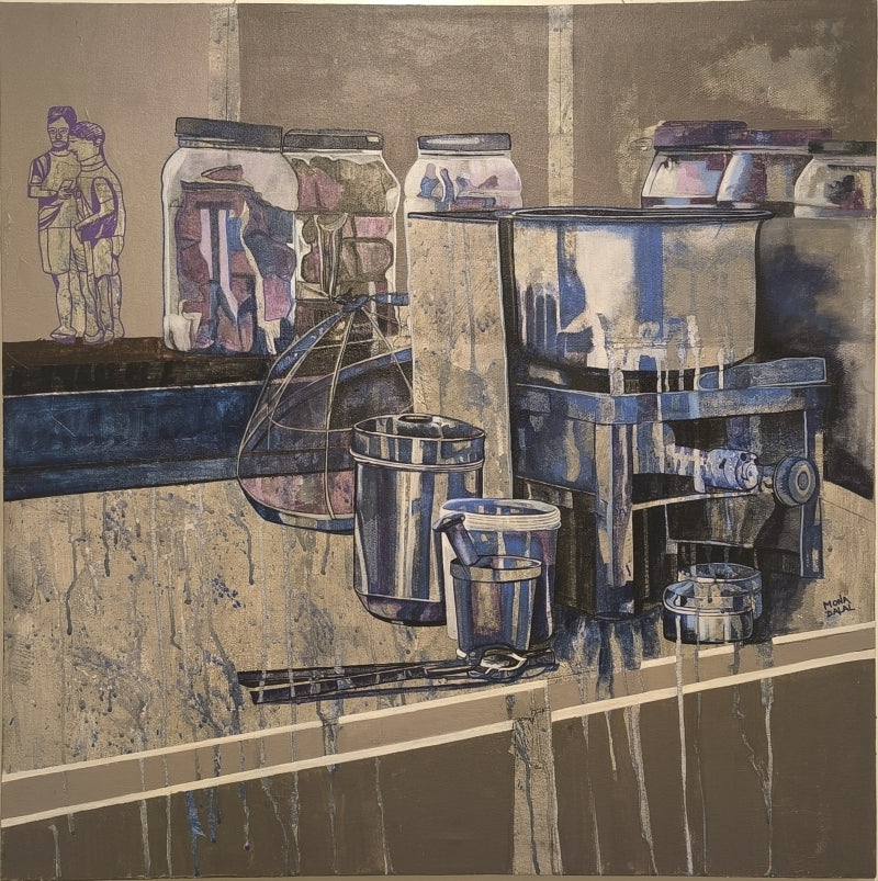 The Afternoon Brew' still-life acrylic painting by artist Mona Dalal, 30x30 inch, on canvas