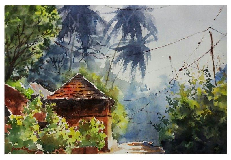 Landscape watercolor painting titled 'Afternoon in Harnai Village', 14x20 inches, by artist Soven Roy on Handmade Paper