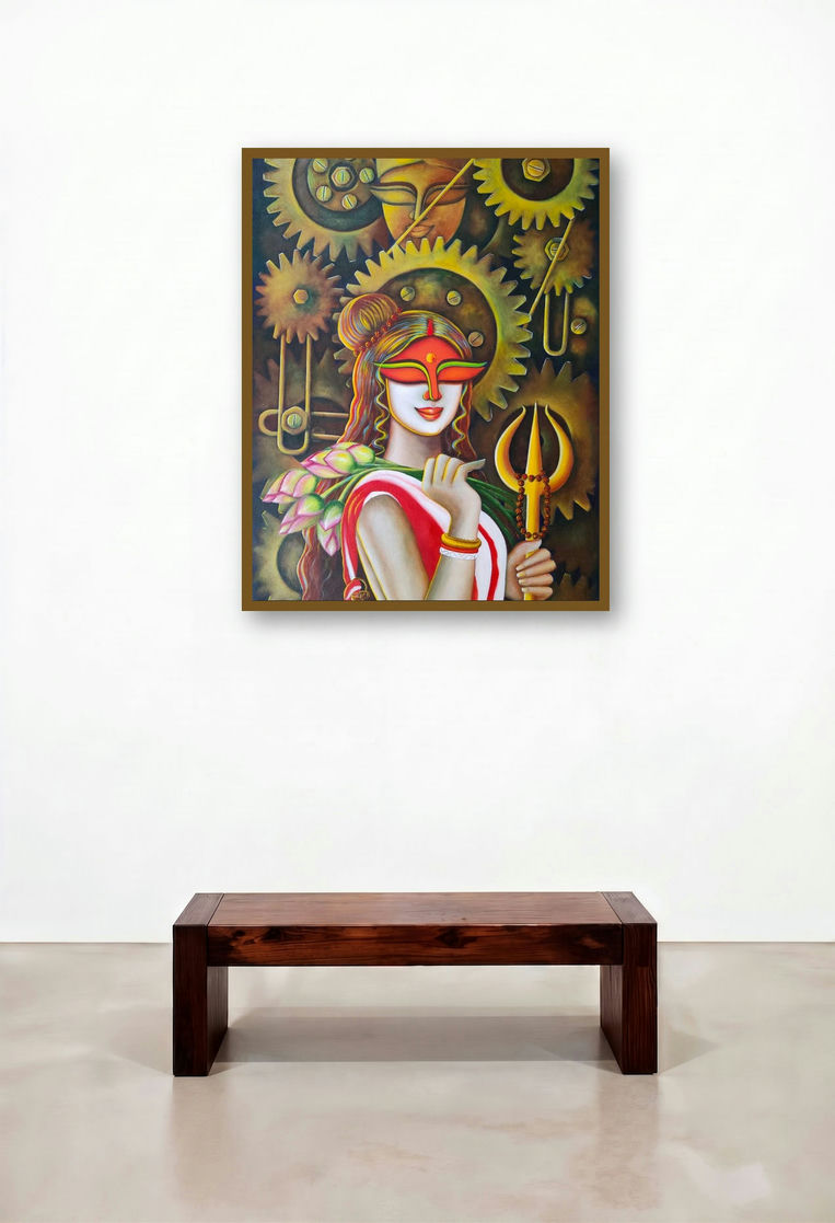 Agamoni 2 (Durga's Mechanical Reign) by artist Susmita Mandal displayed in a Art Deco Hotel Suite