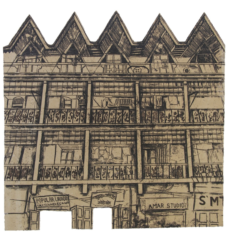 'Aging Structure 1' cityscape etching printmaking by artist Pooja Shinde, 12x12 inch, on paper
