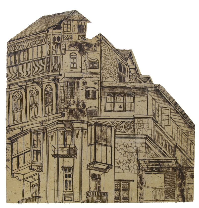 'Aging Structure 2' cityscape etching printmaking by artist Pooja Shinde, 12x12 inch, on paper