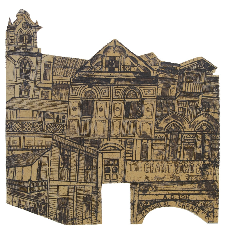 'Aging Structure 3' cityscape etching printmaking by artist Pooja Shinde, 12x12 inch, on paper