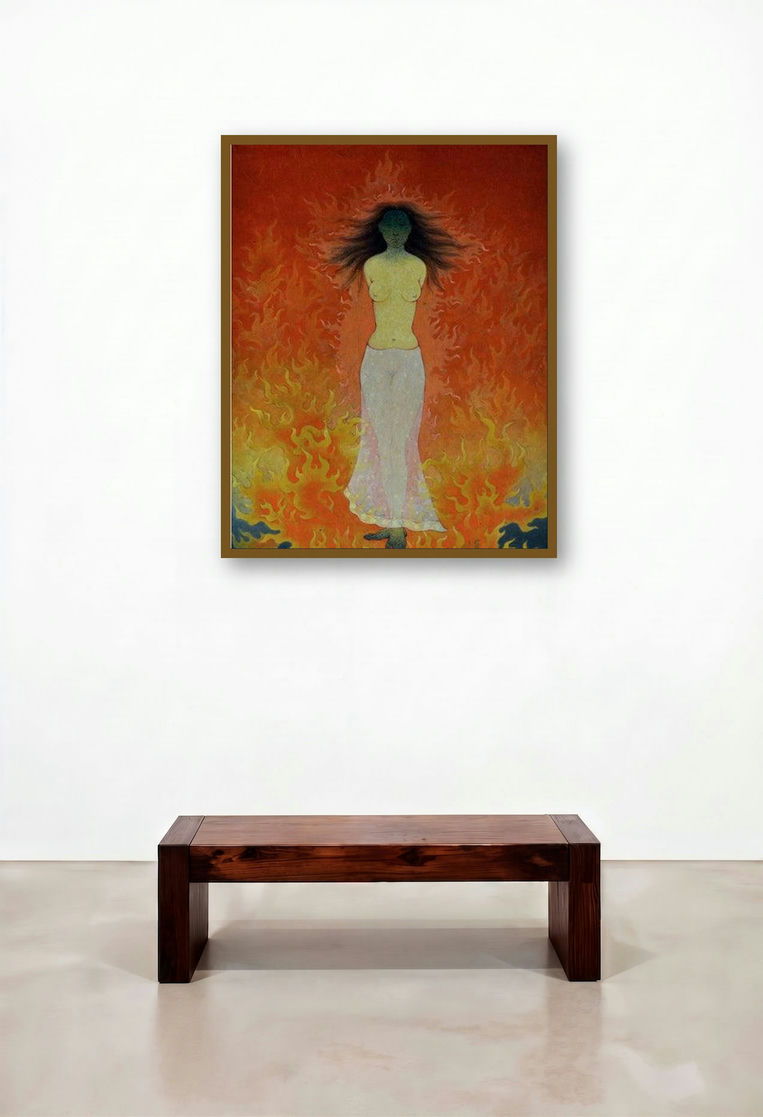 Agni Pariksha by artist Ram Prasad Halder displayed in a Mid-Century Modern Lounge