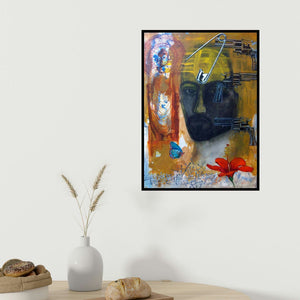 Avi Roy's 'Agonising Christ 1 (Inner Conflict)' painting visualized above a sofa in a contemporary room.