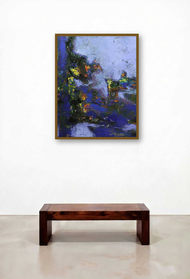 Agyaat Blue Five (Midnight Blue) by artist Ashwini Borse displayed in a Mid-Century Modern Library
