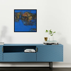 Preview of 'Agyaat Blue One (Midnight Sea)' Painting by Ashwini Borse shown on a wall in a furnished room.