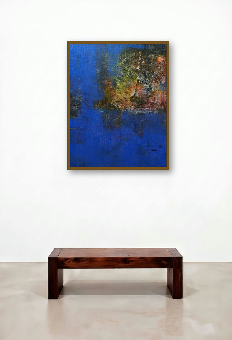 Agyaat Blue Three (Oceanic Dreams) by artist Ashwini Borse displayed in a Industrial Home Office
