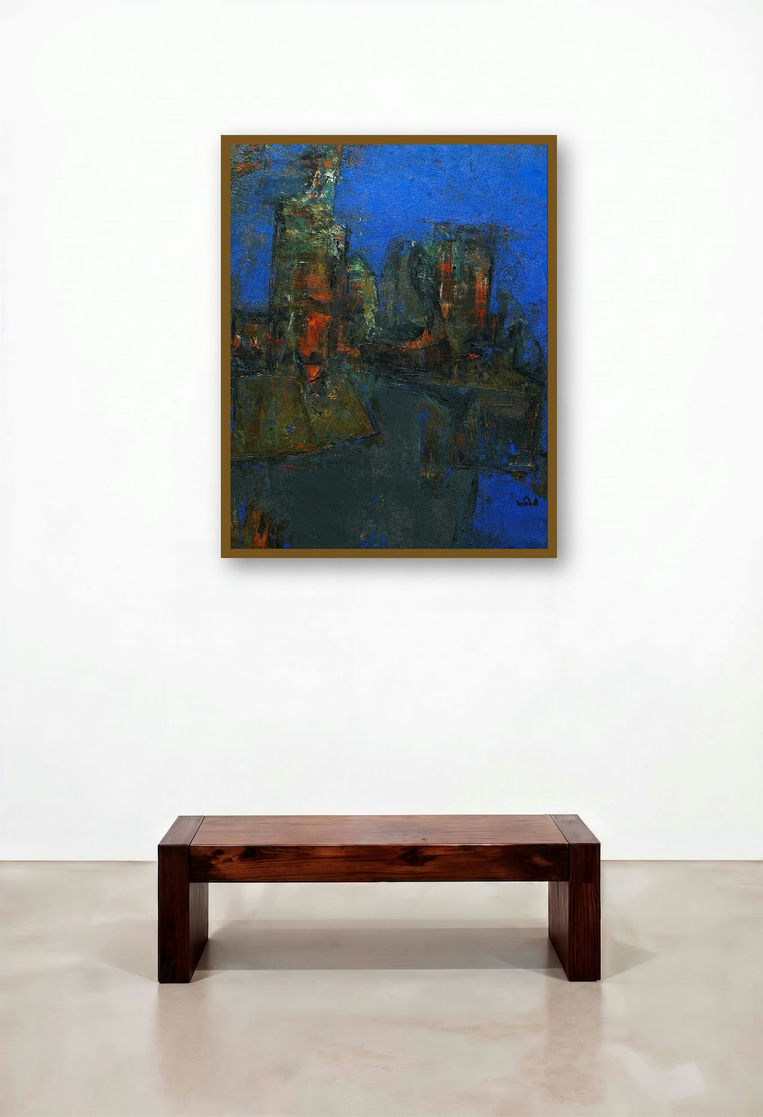 Agyaat Blue Two (Urban Dreamscape) by artist Ashwini Borse displayed in a Transitional Living Room