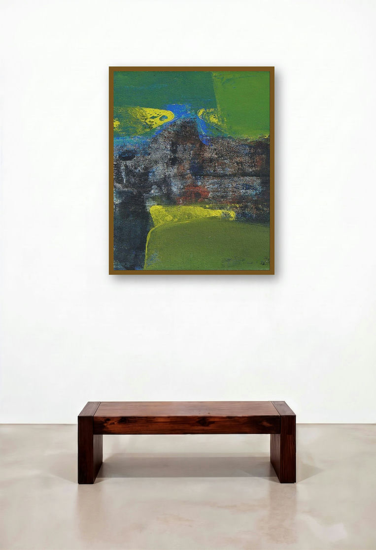 Agyaat Green One (Hidden Depths) by artist Ashwini Borse displayed in a Industrial Living Room