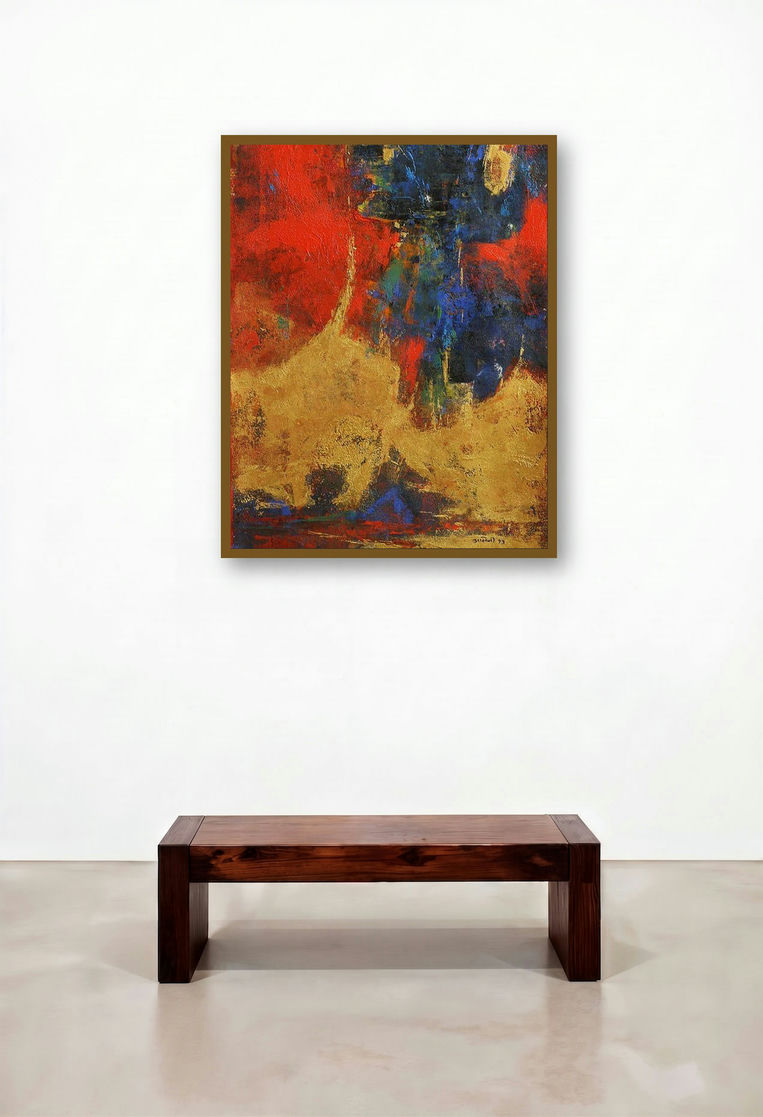 Agyaat Red Six (Cosmic Dance) by artist Ashwini Borse displayed in a Designer Bedroom