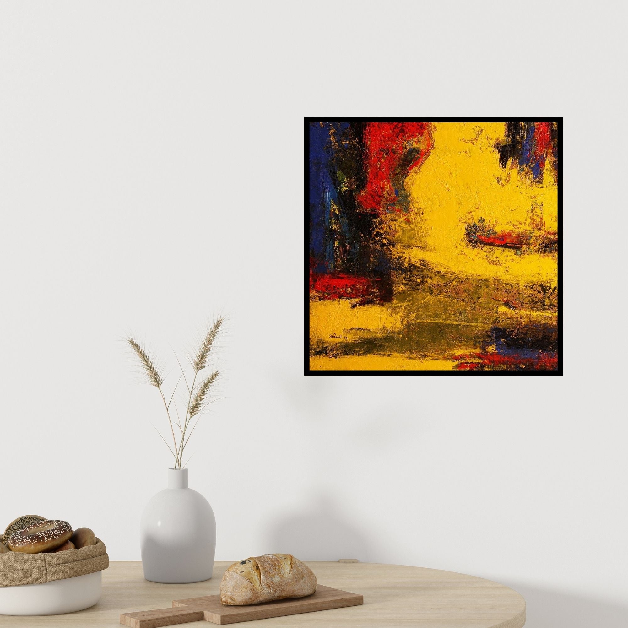 In-situ view of Ashwini Borse's 'Agyaat Yellow One (Golden Hour)' painting in a room