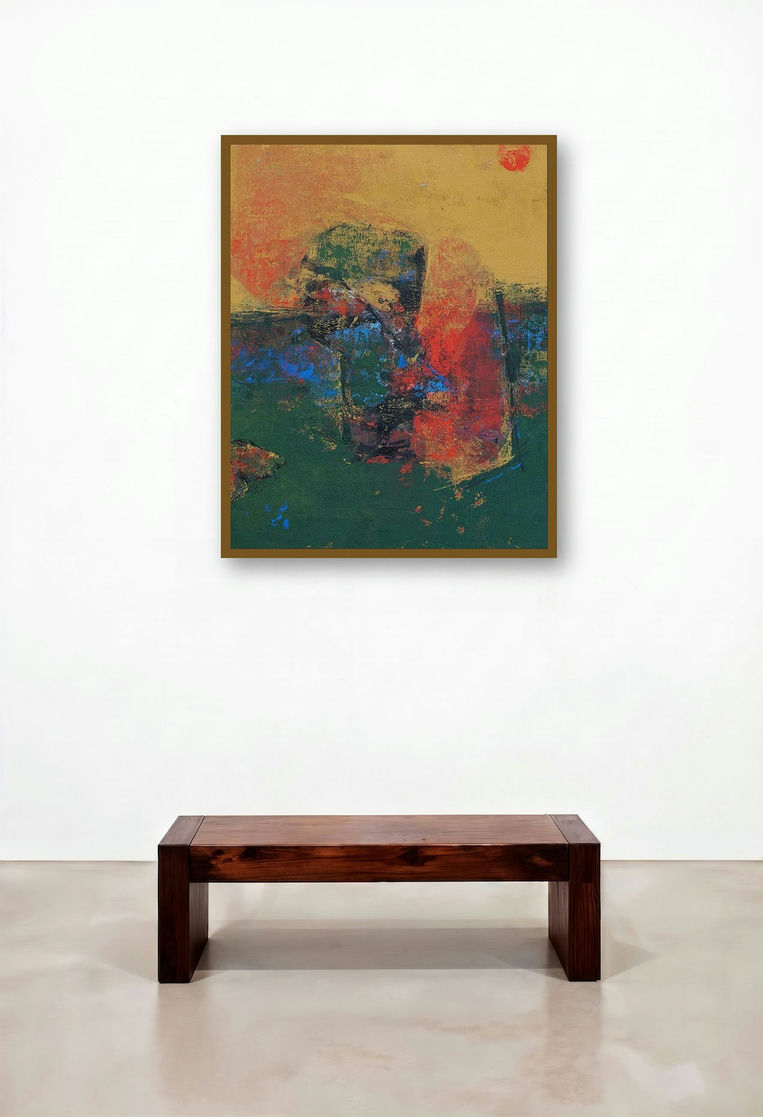 Agyaat Yellow One (Sunset Hues) by artist Ashwini Borse displayed in a Contemporary Dining Room