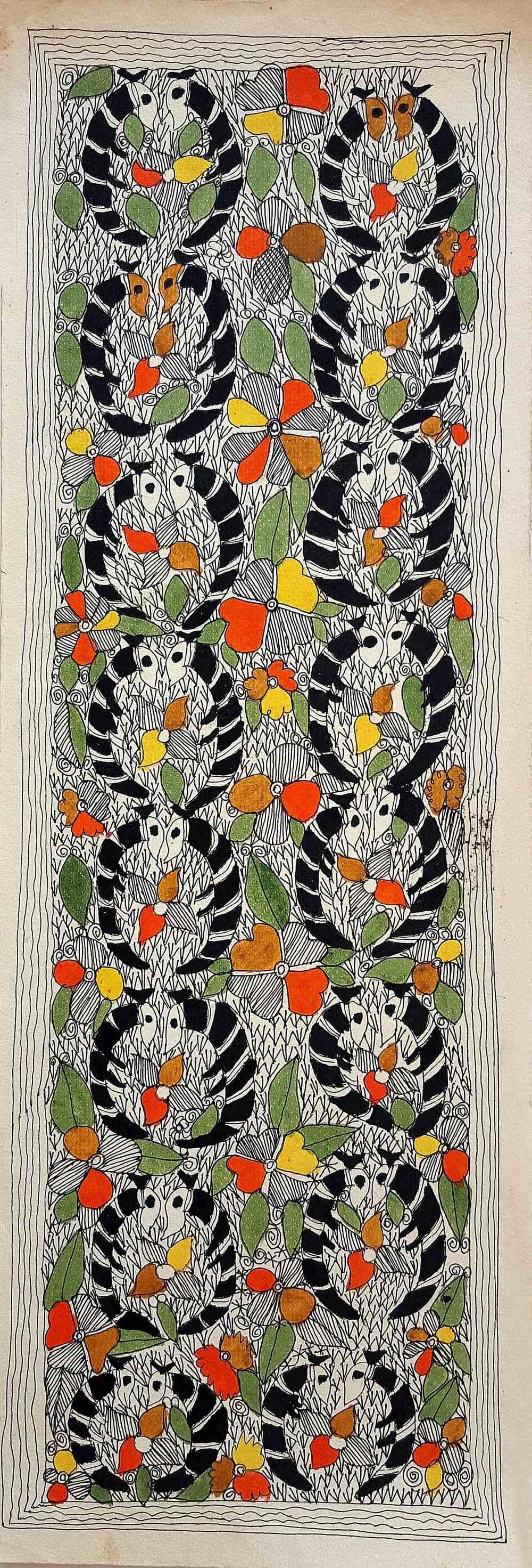Folk Art madhubani traditional art titled 'Ajab Chidiya', 23x8 inches, by artist Radha Kumari on Handmade Paper