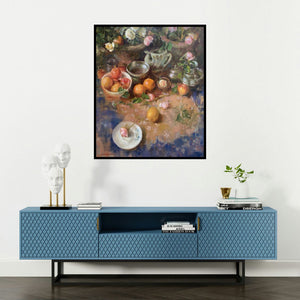 Shadab Kazi's 'Akhlaq (Still Life with Roses and Fruit)' painting visualized above a sofa in a contemporary room.