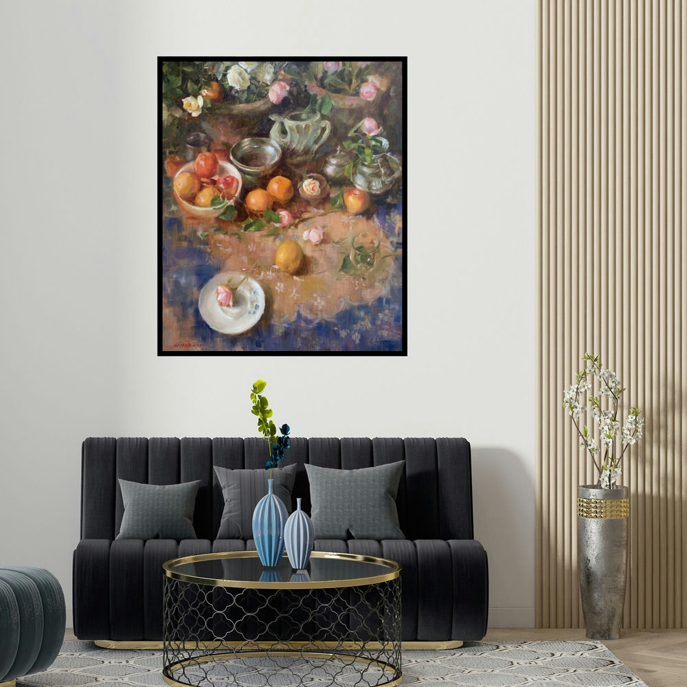 'Akhlaq (Still Life with Roses and Fruit)' painting by Shadab Kazi shown on a wall in a furnished room.